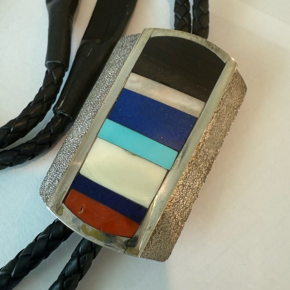 Tony Sanchez Sterling Silver Inlay Bolo Tie Turquoise Lapis Coral - Picture 1 of 5